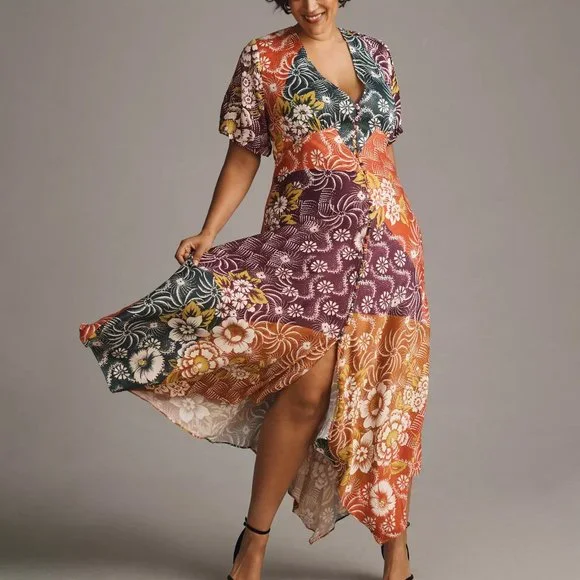 HTF By Anthropologie Short-Sleeve V-Neck Button-Front Midi Dress